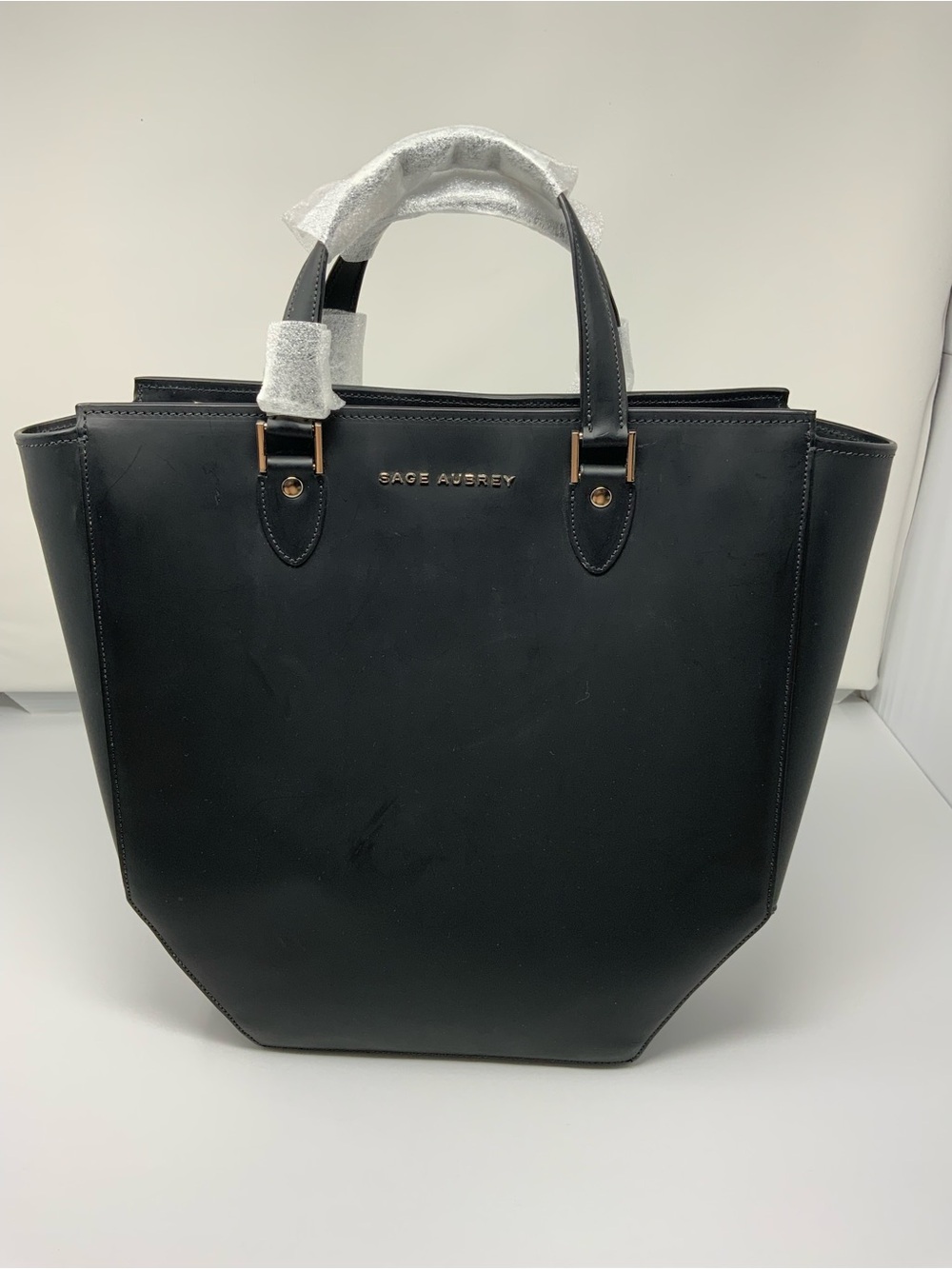 Sage Aubrey Lordes Black Leather Tote Bag Structured Carryall